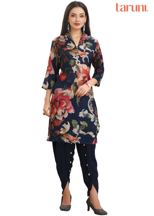 Navy Blue Muslin Embroidered Kurti Sets