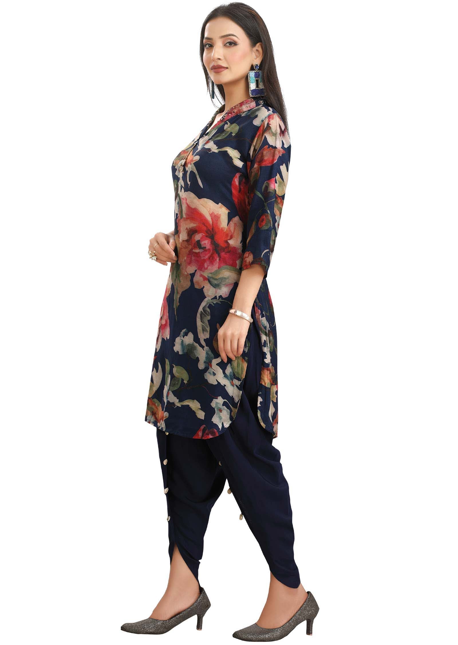 Navy Blue Muslin Embroidered Kurti Sets