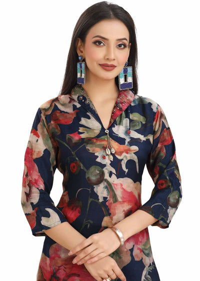 Navy Blue Muslin Embroidered Kurti Sets