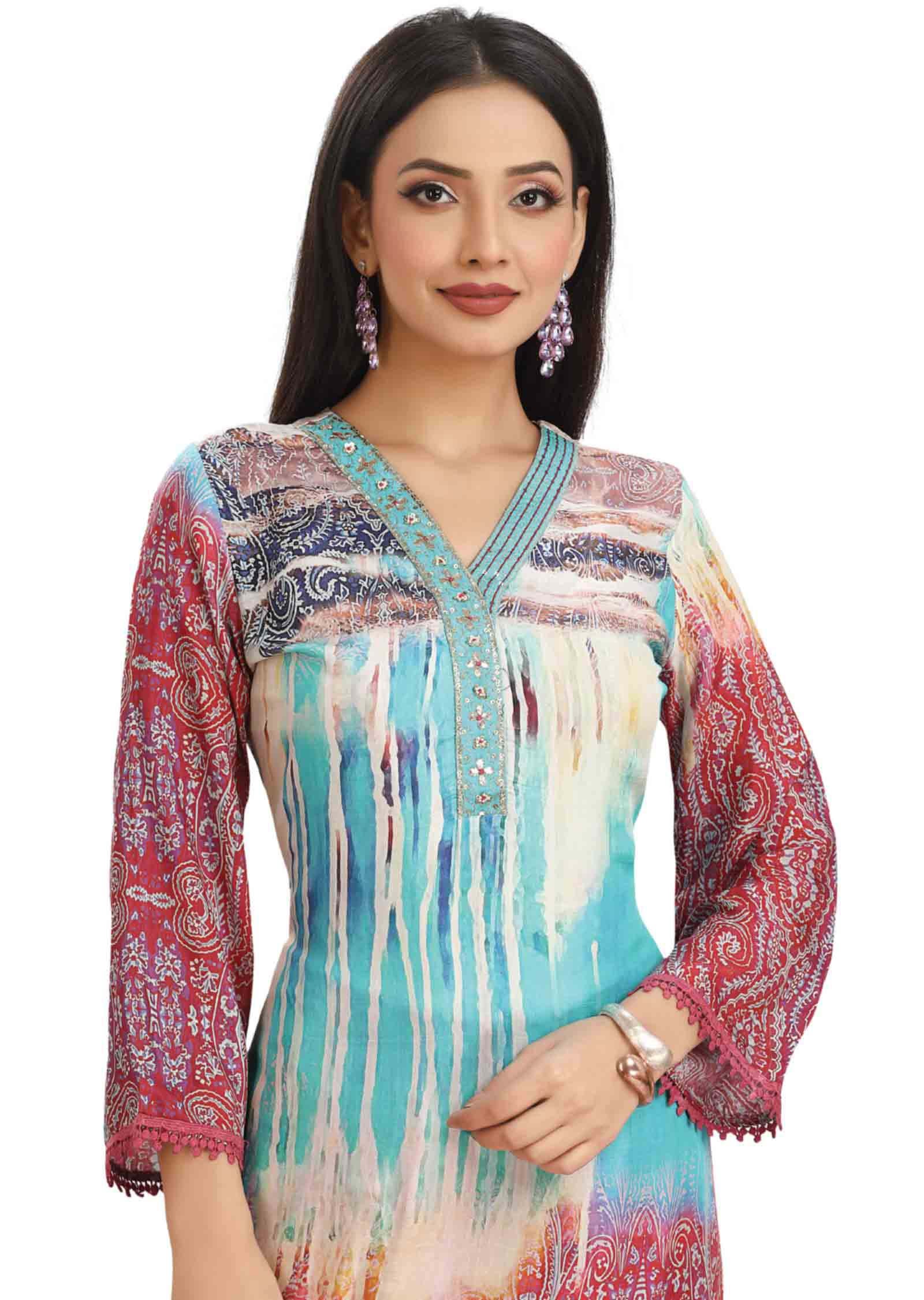 Multi Color Muslin Embroidered Kurti Sets