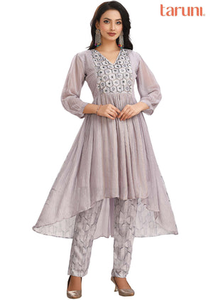 Lilac Georgette Embroidered Kurti Sets