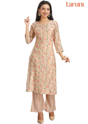 Cream Muslin Printed Kurti Sets