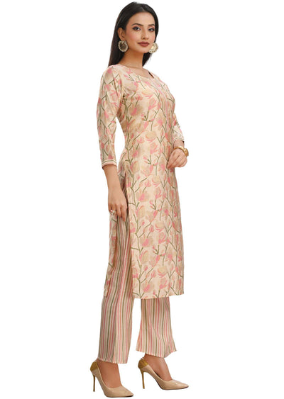 Cream Muslin Printed Kurti Sets