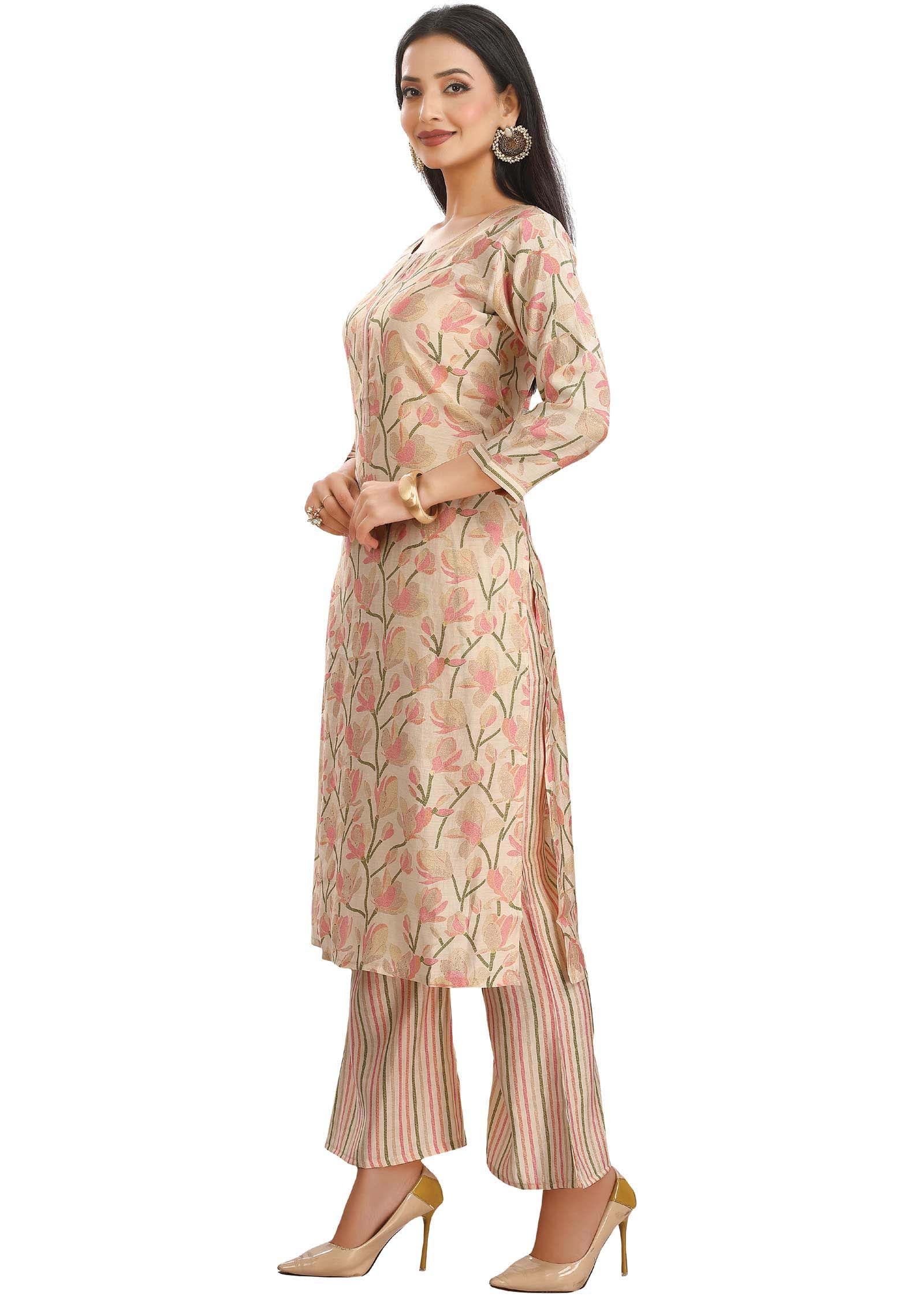 Cream Muslin Printed Kurti Sets