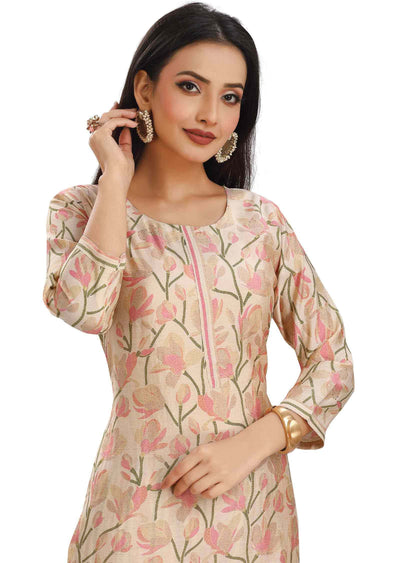 Cream Muslin Printed Kurti Sets