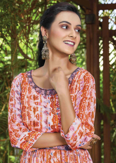 Cream Chinnon Printed Kurti Full legth