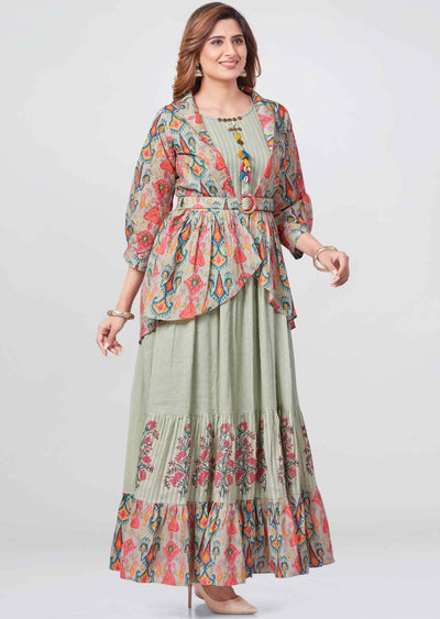 Dusty Green Cotton Printed Kurti Full legth