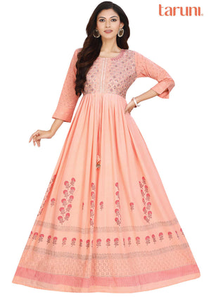 Peach Cotton Printed Kurti