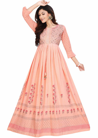 Peach Cotton Printed Kurti