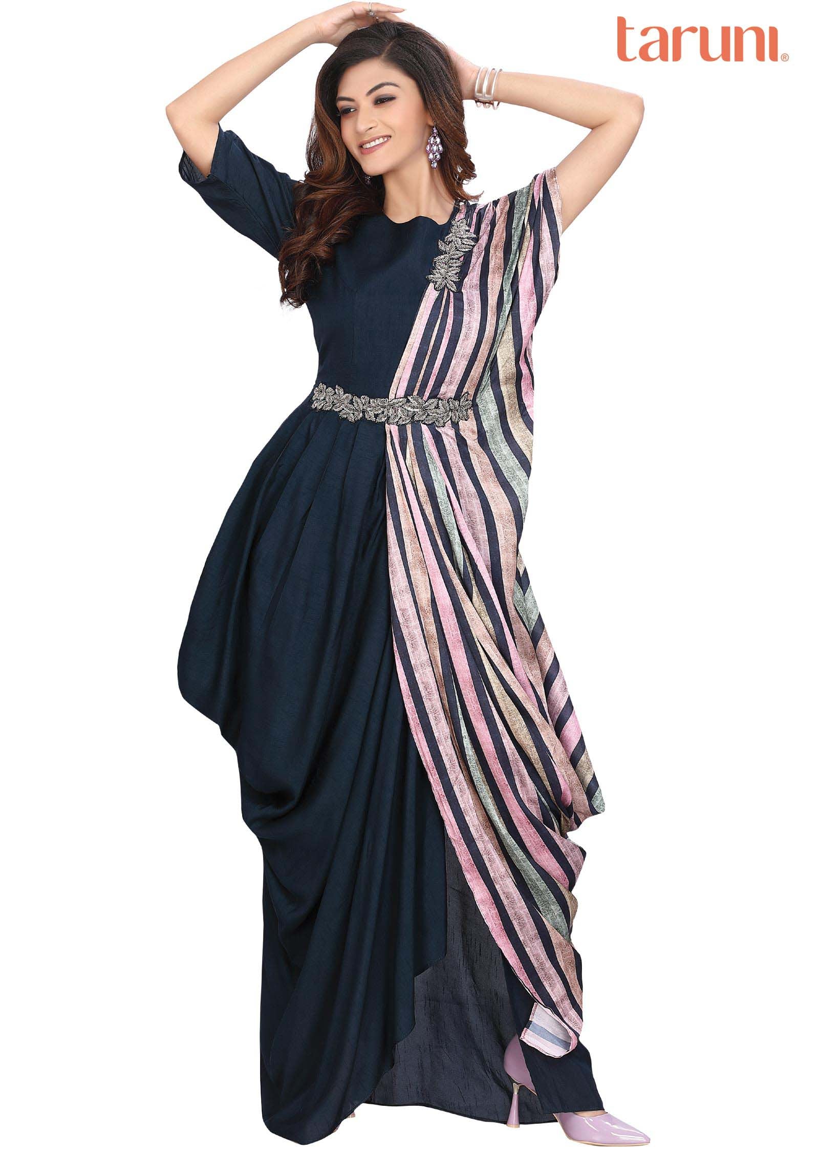 Navy Blue Silk Printed Kurti