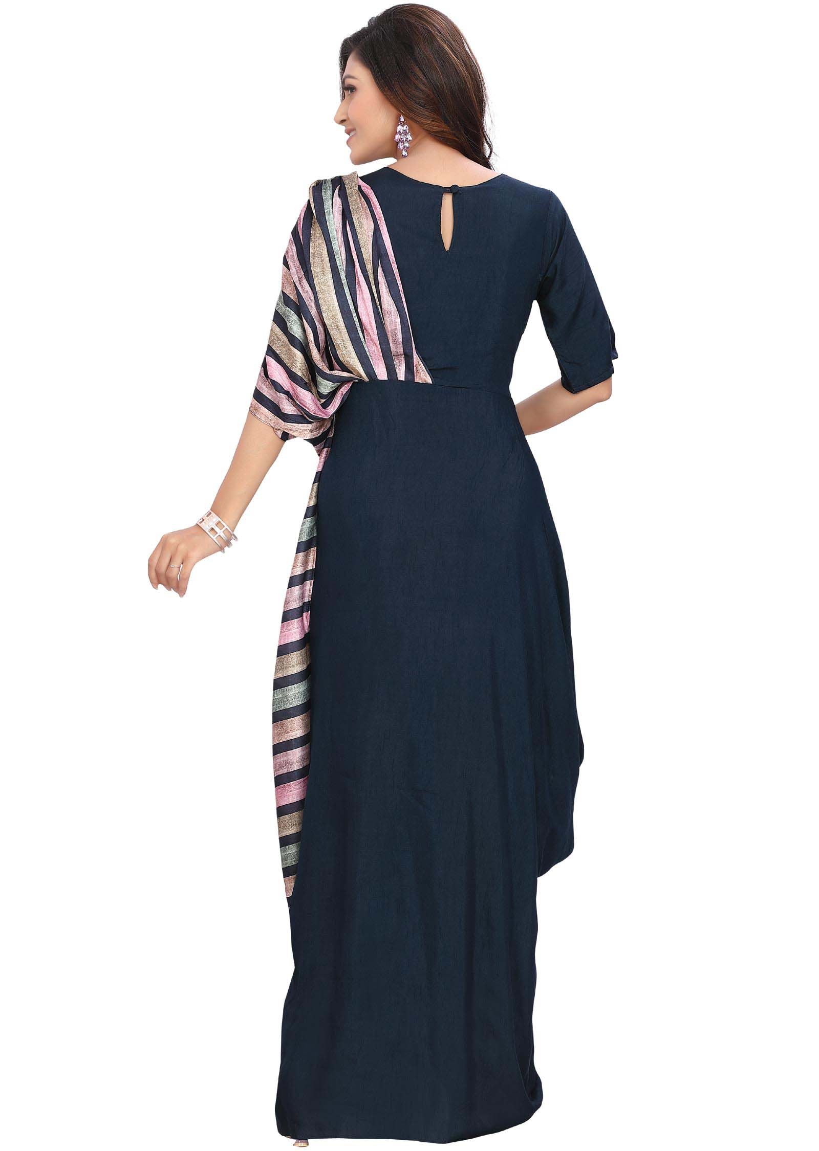 Navy Blue Silk Printed Kurti