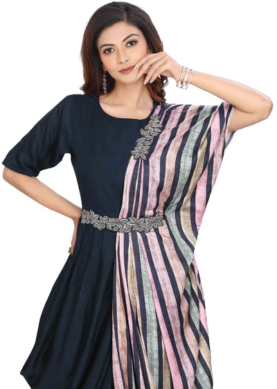 Navy Blue Silk Printed Kurti