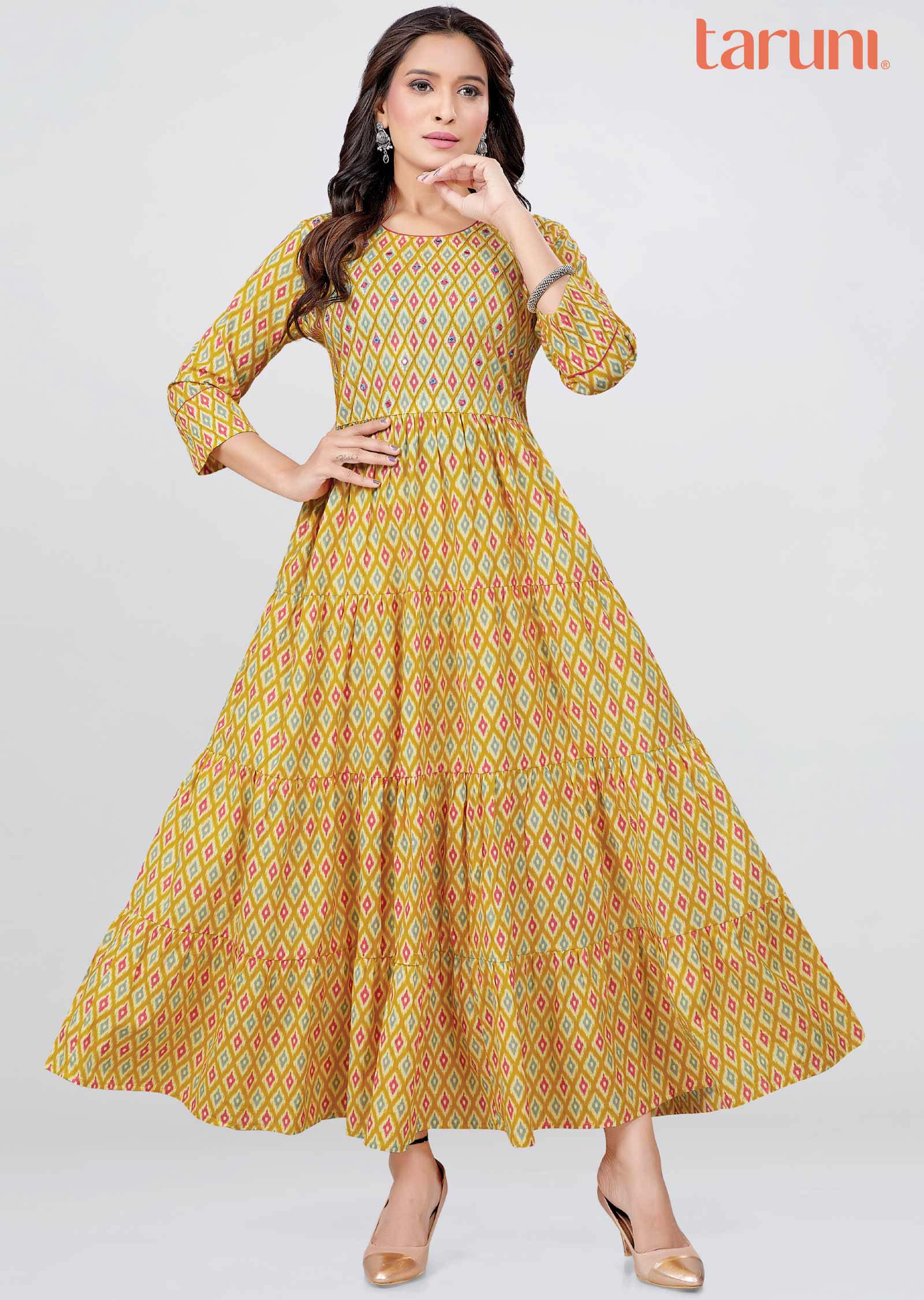 Yellow Cotton Printed Kurti