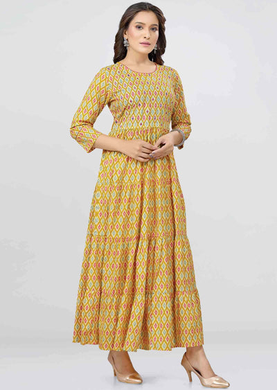 Yellow Cotton Printed Kurti