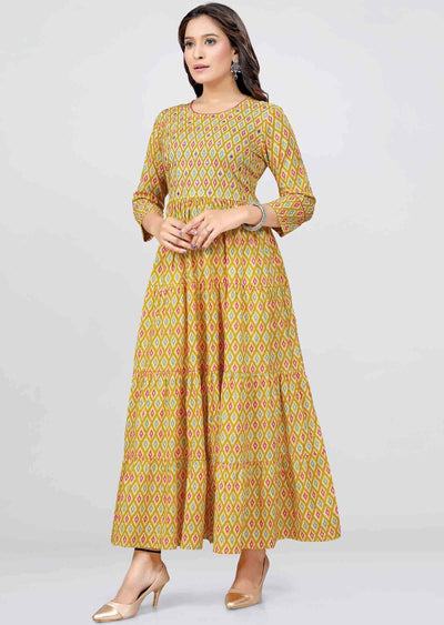 Yellow Cotton Printed Kurti