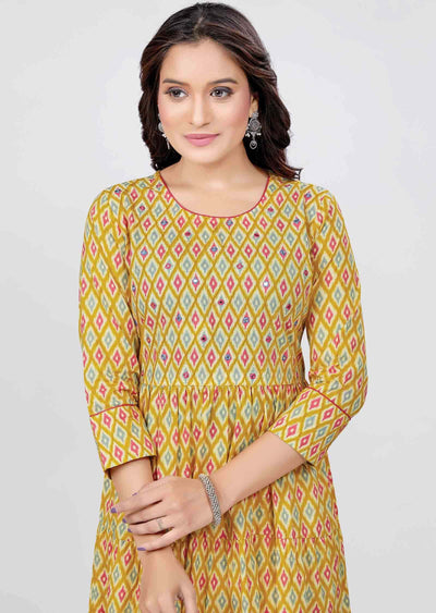 Yellow Cotton Printed Kurti