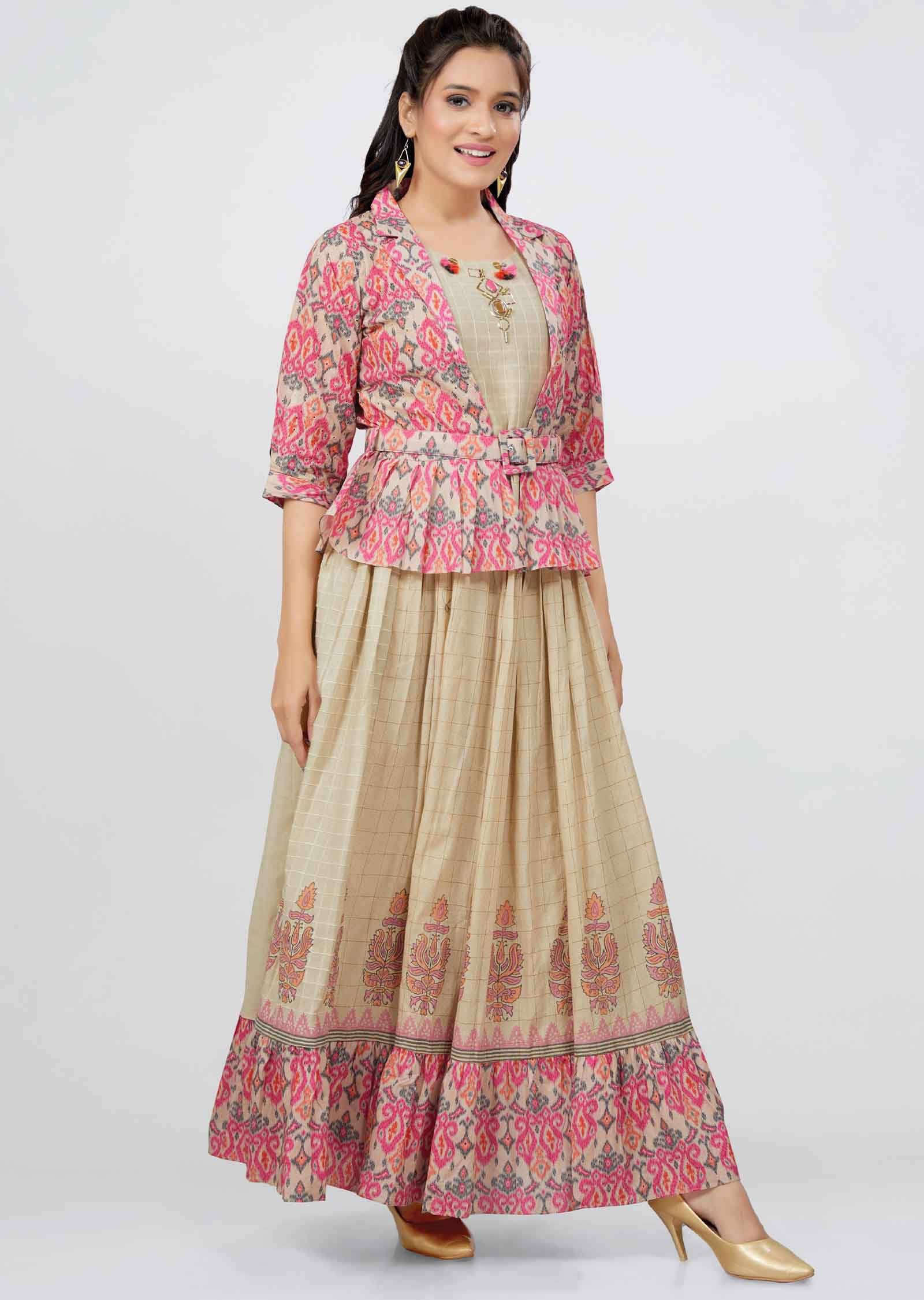 Beige Cotton Printed Kurti