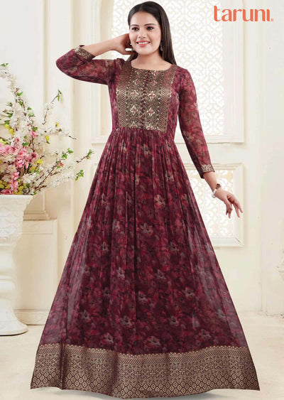 Maroon & Magenta Georgette Embroidered Long Gown Style Kurti