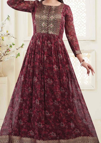 Maroon & Magenta Georgette Embroidered Long Gown Style Kurti