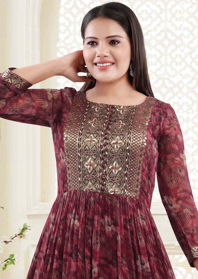 Maroon & Magenta Georgette Embroidered Long Gown Style Kurti