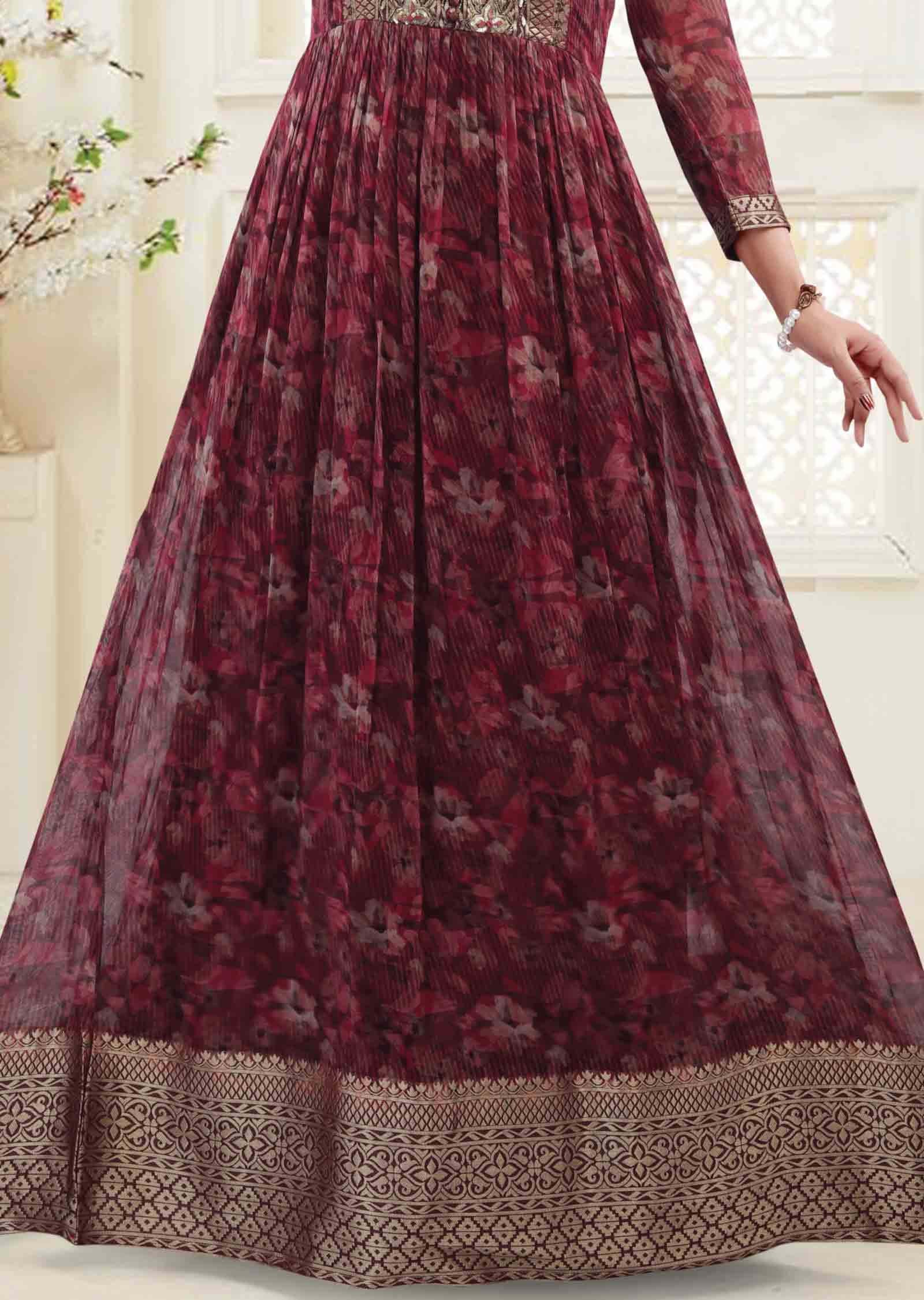 Maroon & Magenta Georgette Embroidered Long Gown Style Kurti