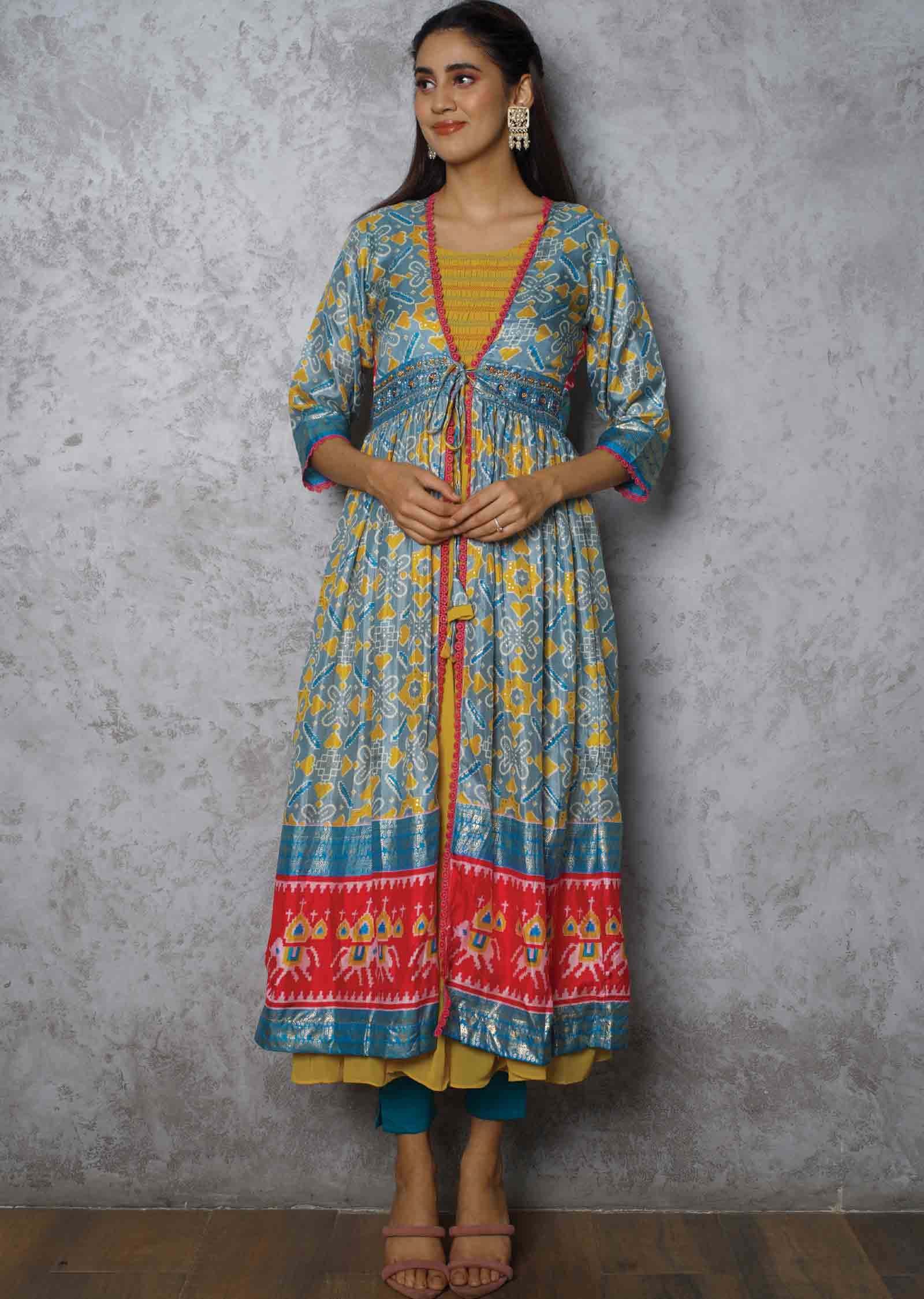 Mustard & Contrast Dusty Green georgette Embroidered Kurti Full legth