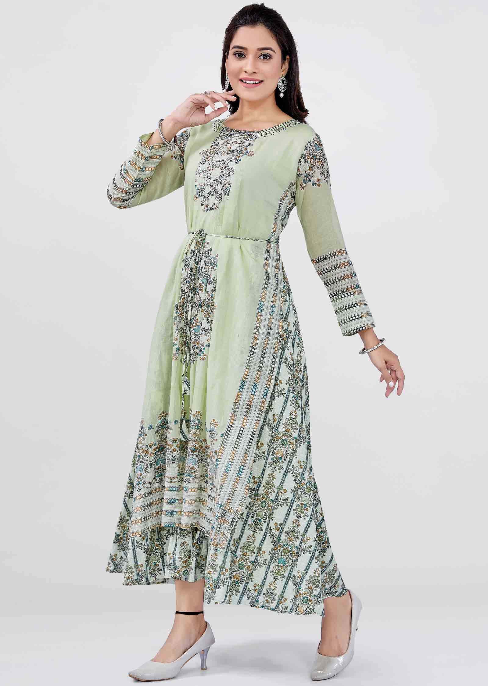 Pista Green Cotton Sequins Kurti Full legth