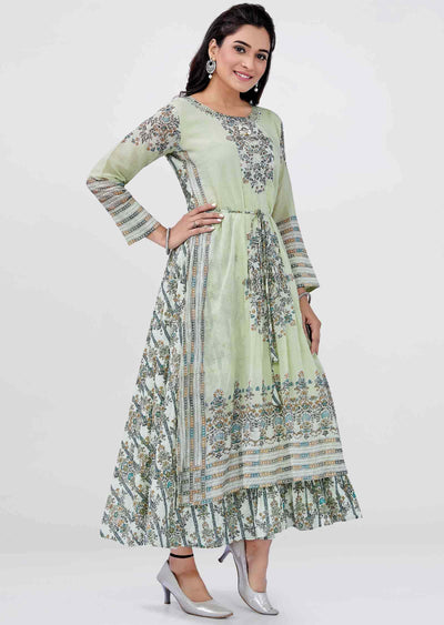 Pista Green Cotton Sequins Kurti Full legth