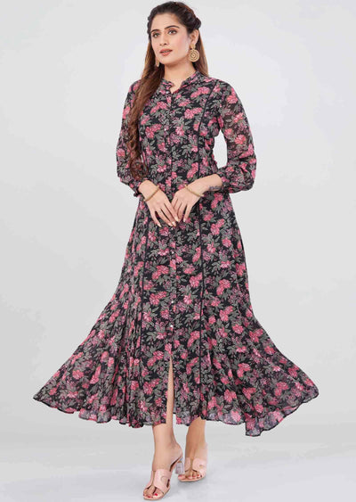 Bkack Georgette Printed Kurti Full legth