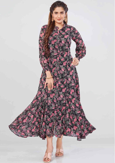 Bkack Georgette Printed Kurti Full legth