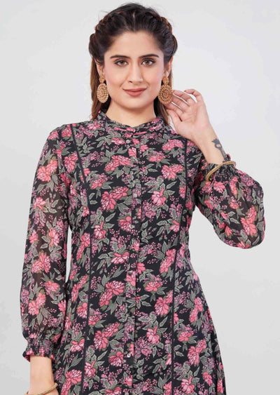 Bkack Georgette Printed Kurti Full legth