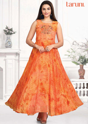 Orange Georgette Embroidered Kurti Full legth