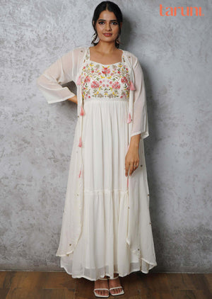 Cream Georgette Embroidered Kurti Full legth