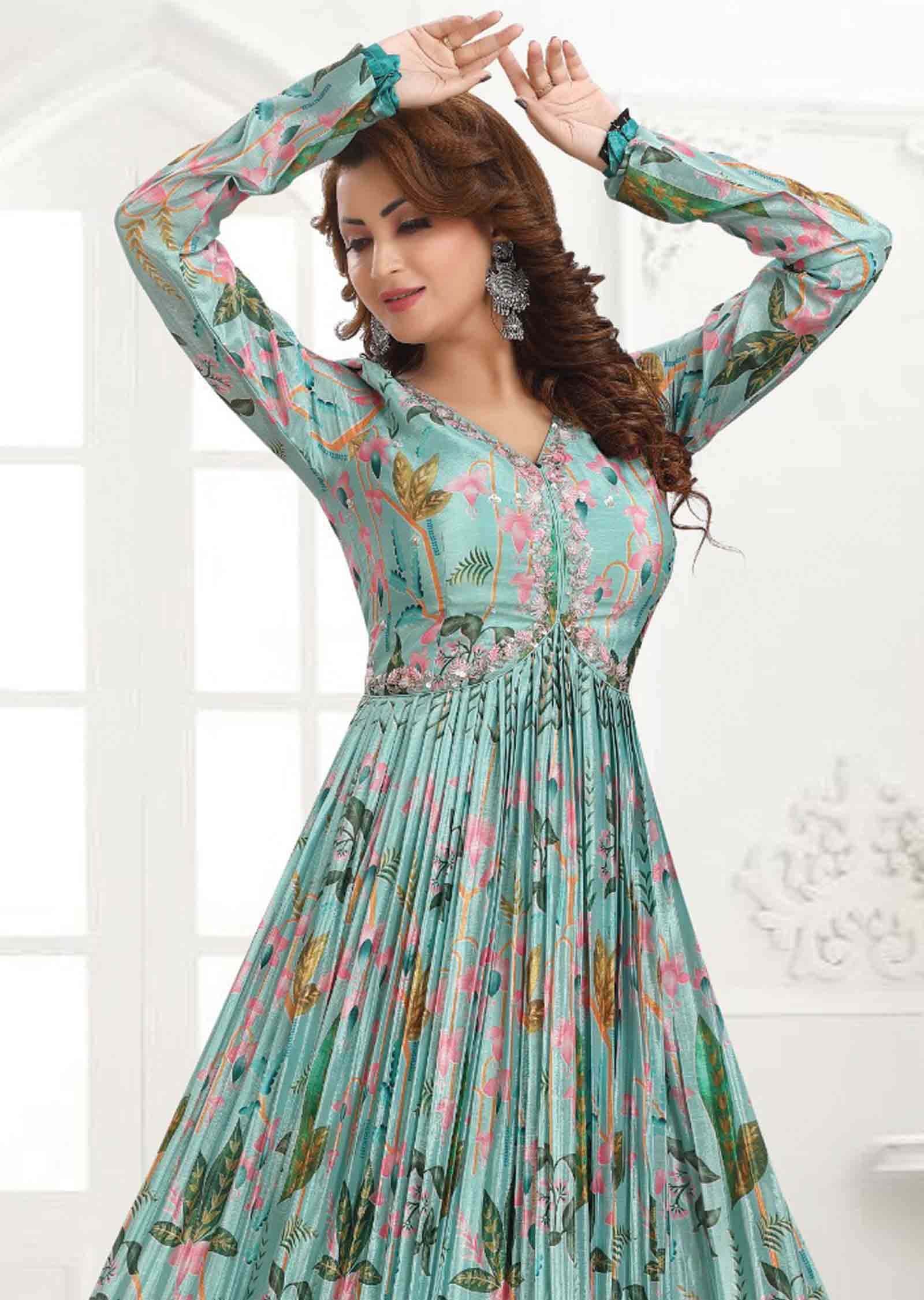 Sea Green & Pink Chinnon Embroidered Kurti Full legth