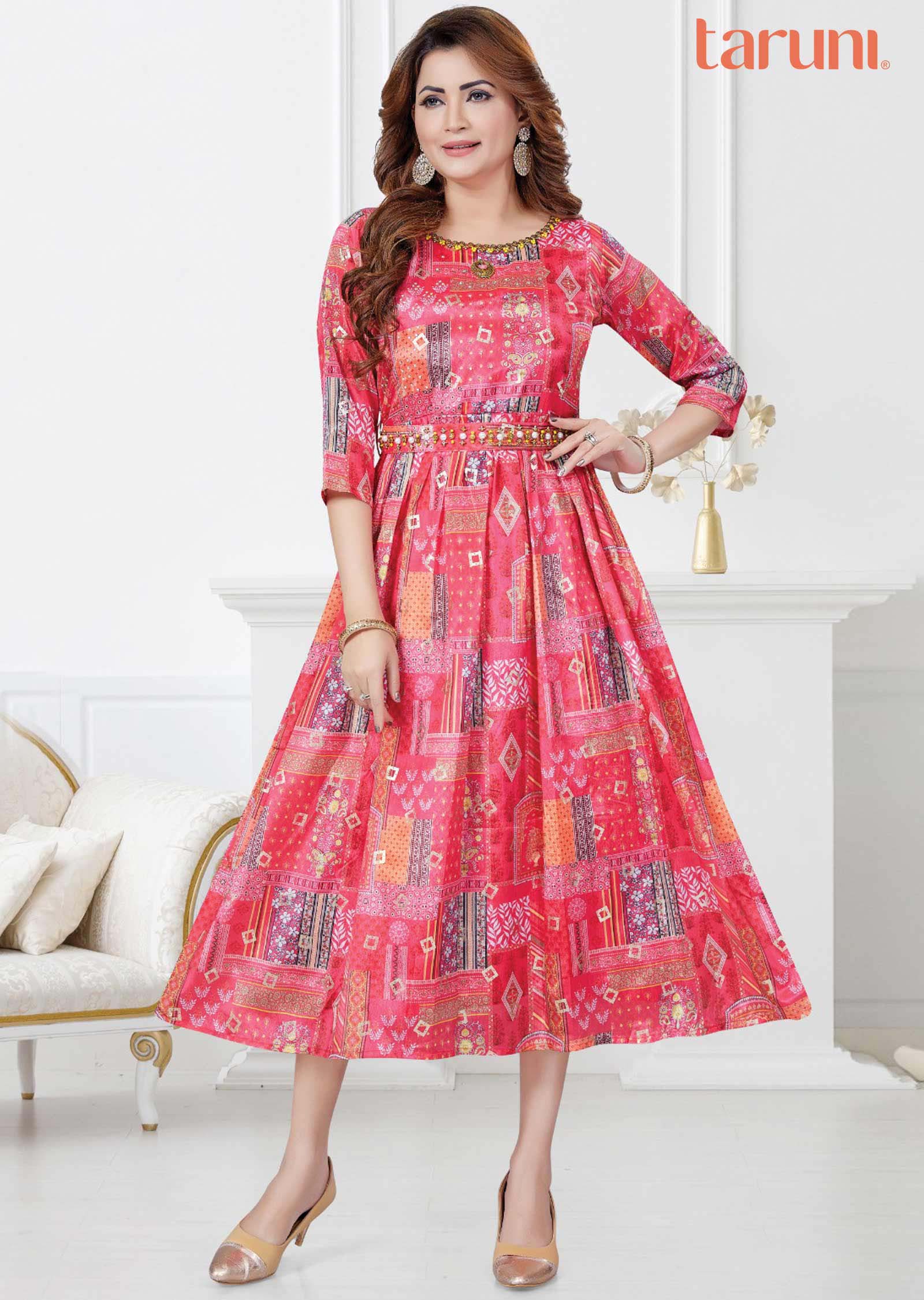 Pink Chinnon Kurti Full Length