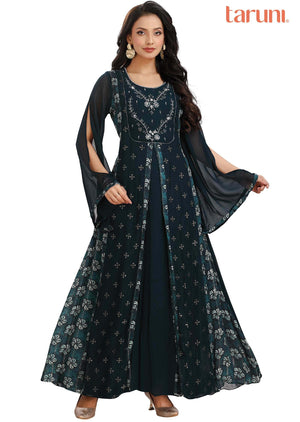 Dark Teal Blue Georgette Embroidered Kurti Full legth