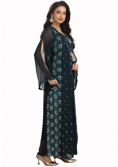 Dark Teal Blue Georgette Embroidered Kurti Full legth