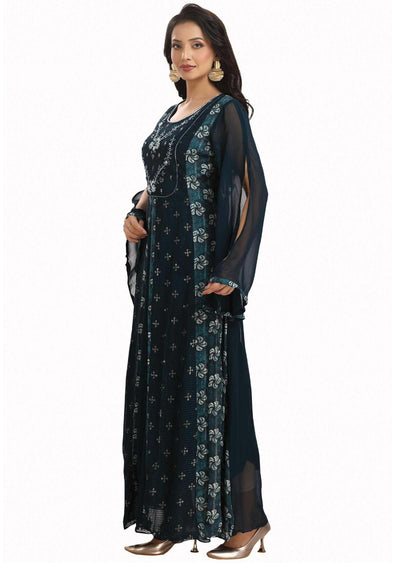 Dark Teal Blue Georgette Embroidered Kurti Full legth