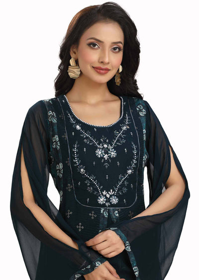 Dark Teal Blue Georgette Embroidered Kurti Full legth