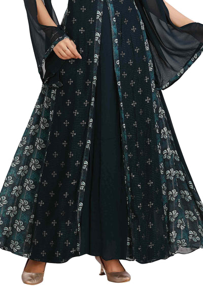 Dark Teal Blue Georgette Embroidered Kurti Full legth