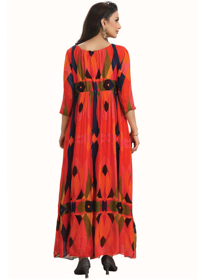 Orange Chinnon Printed Kurti Full legth