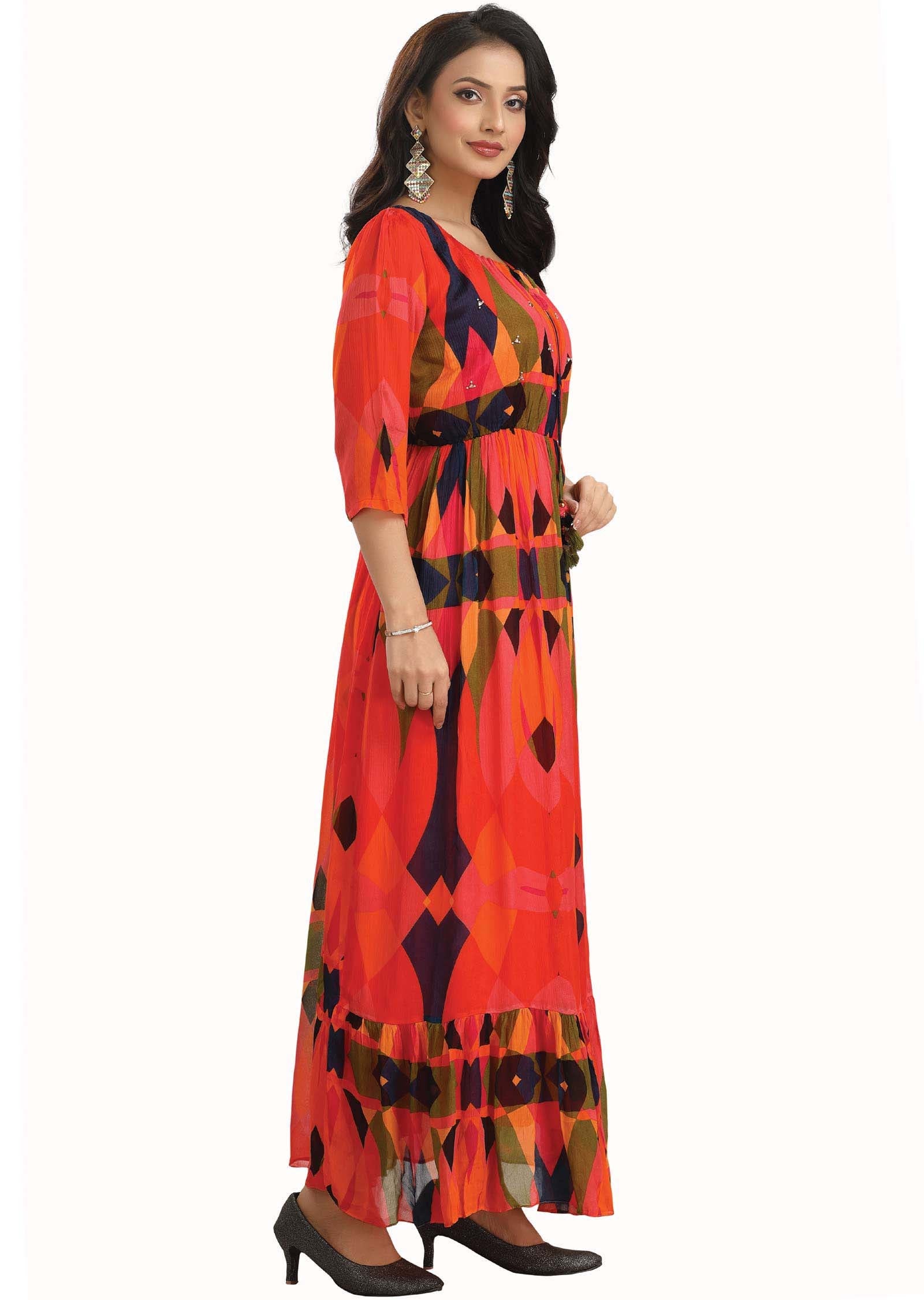 Orange Chinnon Printed Kurti Full legth