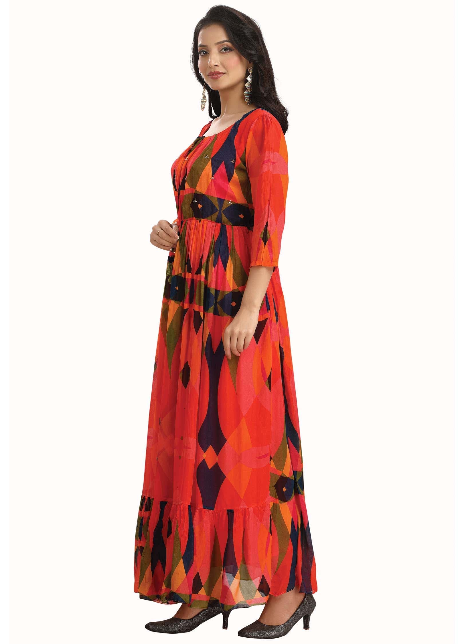 Orange Chinnon Printed Kurti Full legth