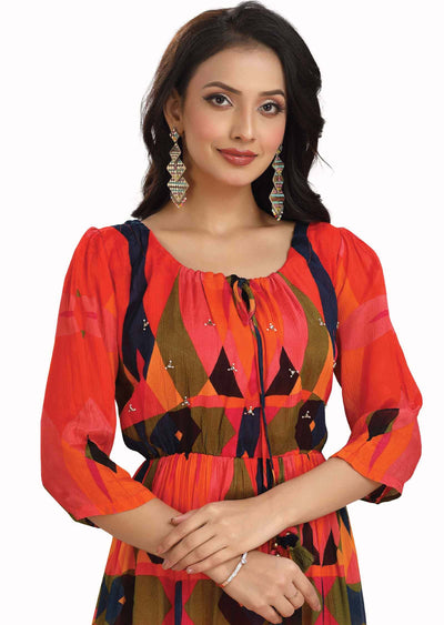 Orange Chinnon Printed Kurti Full legth