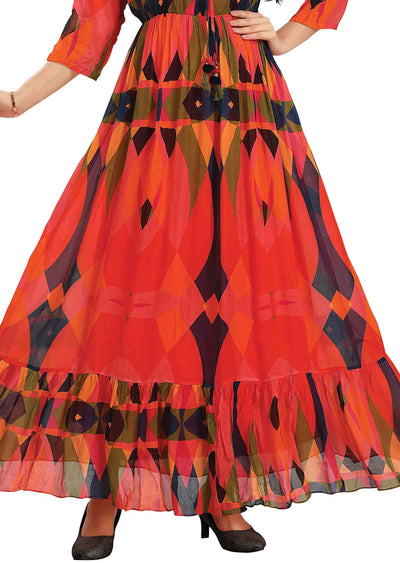 Orange Chinnon Printed Kurti Full legth