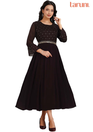 Wine Georgette Embroidered Kurti Full Length