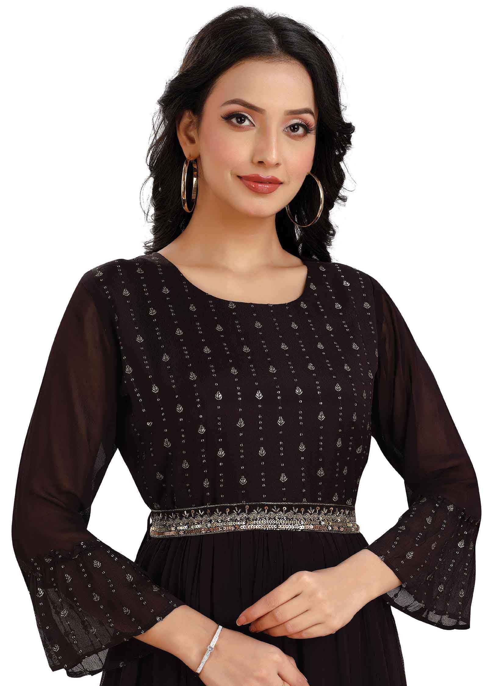 Wine Georgette Embroidered Kurti Full Length