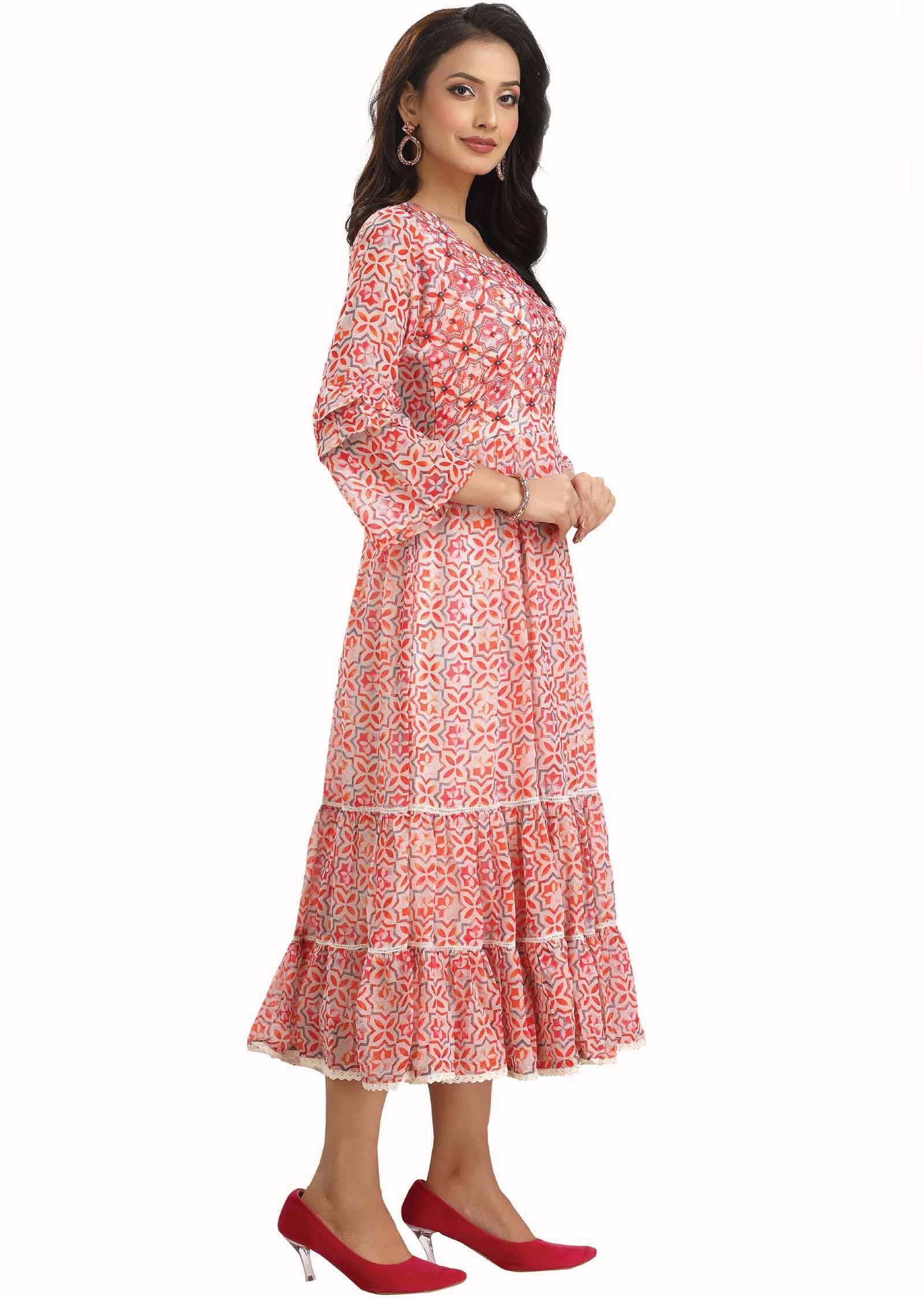 Cream & Multi Georgette Embroidered Kurti Full Length