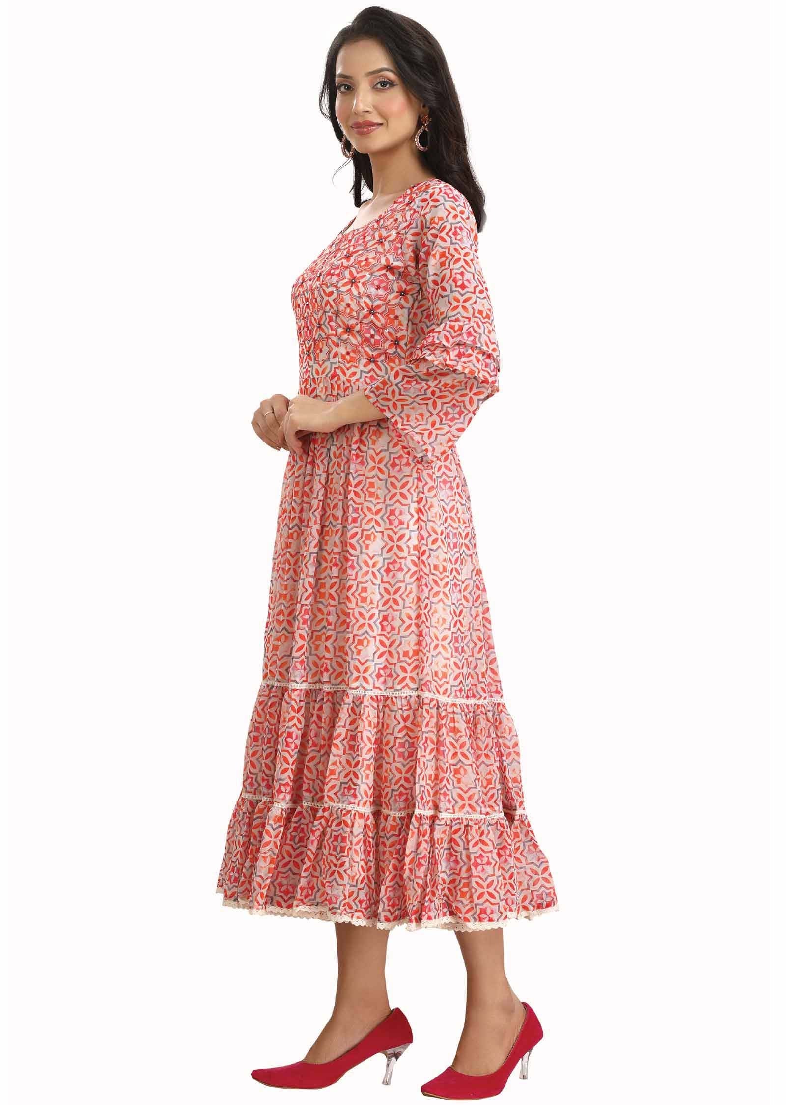 Cream & Multi Georgette Embroidered Kurti Full Length