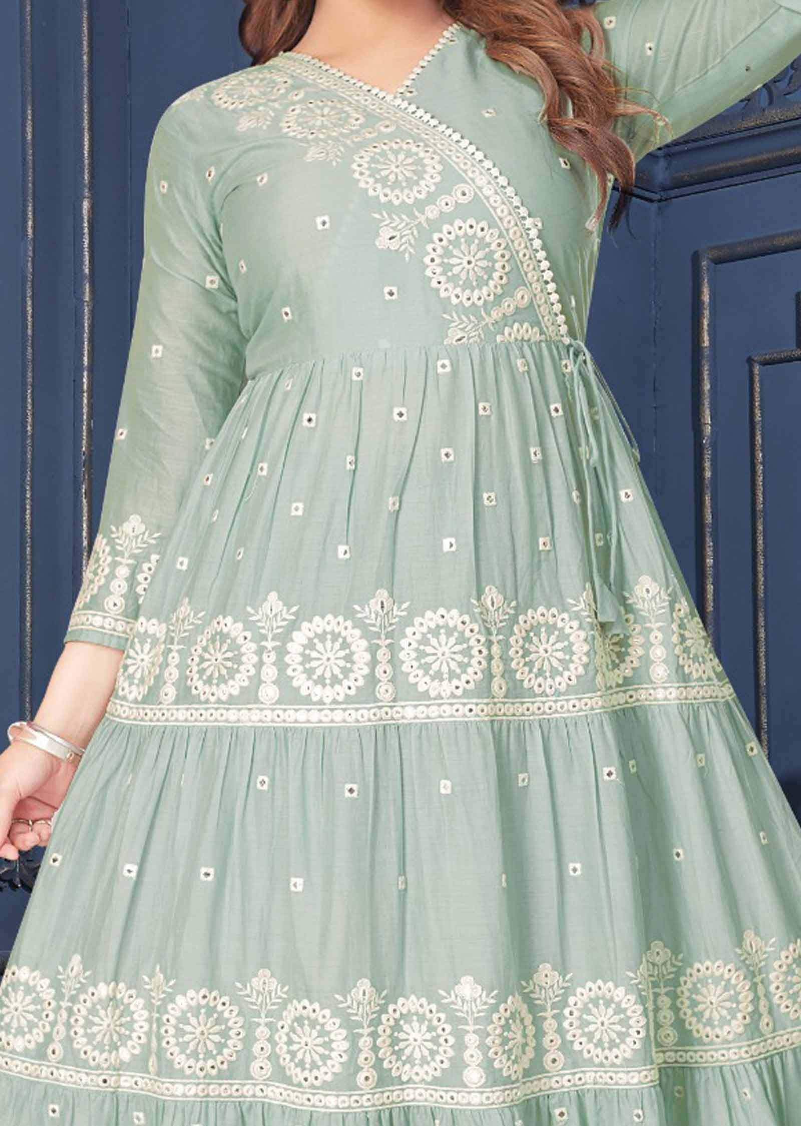 Dusty Green Cotton Mirror work Full Length Kurti